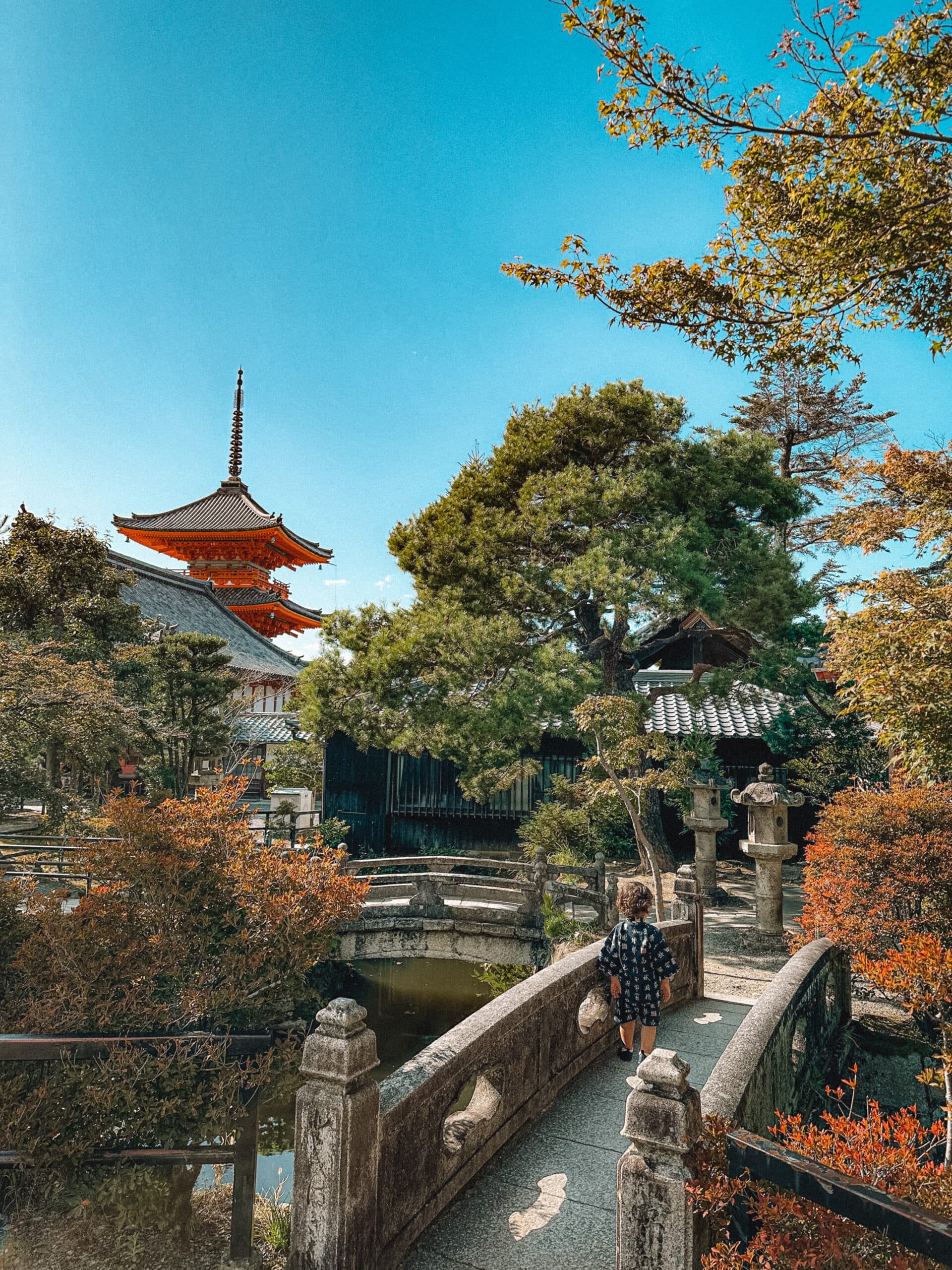 Criança em uma ponte, muitas árvores em volta e um monumento ao fundo no japão