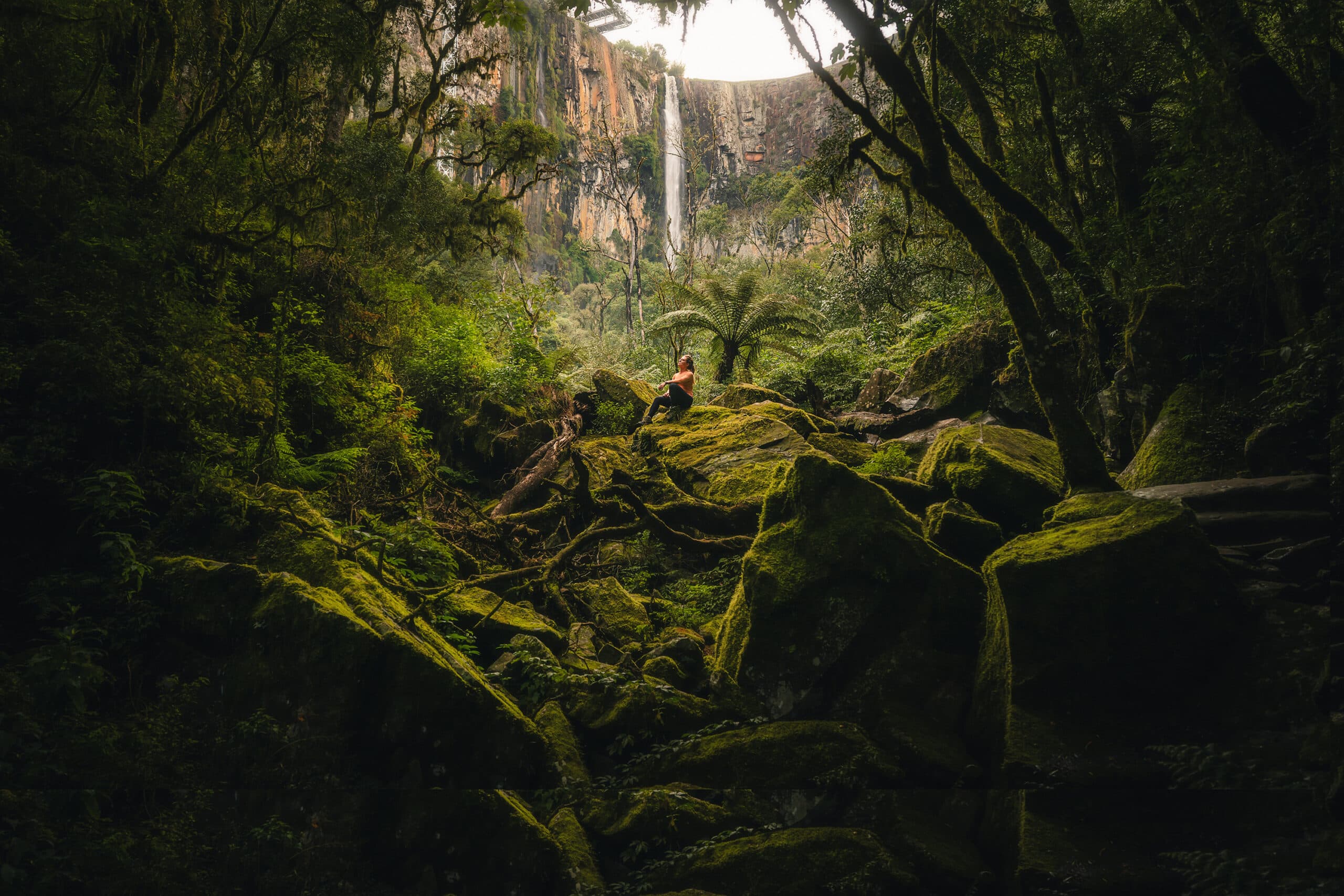 Mulher no meio da floresta com cascata e formação rochosa ao fundo