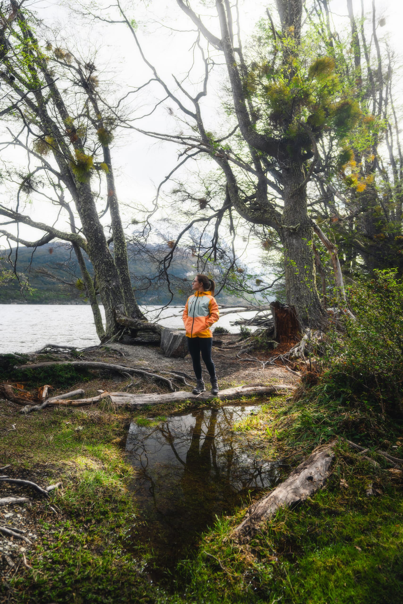 Mulher em meio a uma mata verde, com arvores e um lago ao fundo